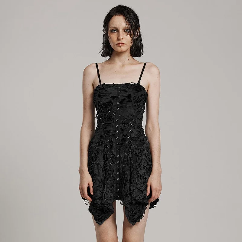 Mini Dresses for summer events-Women's Punk Ripped Eyelet Irregular Slip Dress Black