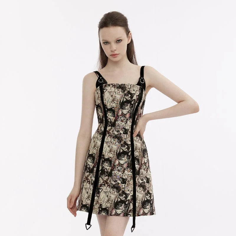 Mini Dresses with tailored fit-Women's Vintage Strappy Cat Printed Slip Dress