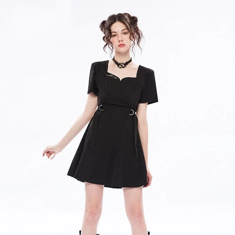 Mini Dresses with sandals-Women's Punk Square Collar Black Little Dress