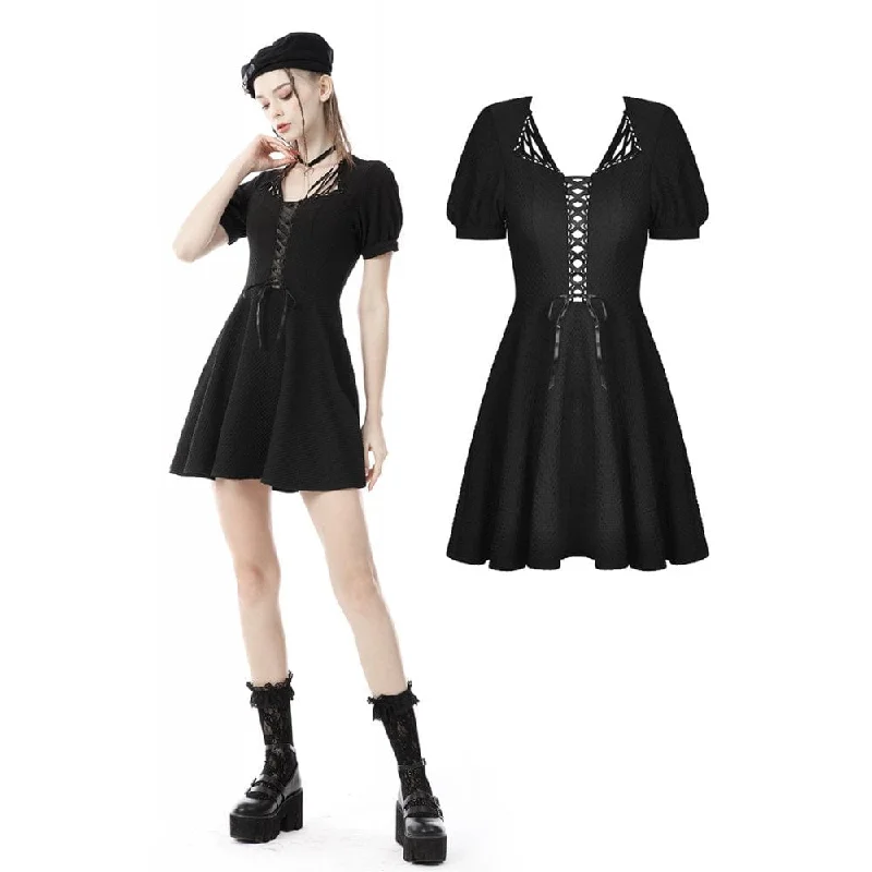 Mini Dresses for spring weddings-Women's Punk Square Collar Lacing-up Black Little Dress