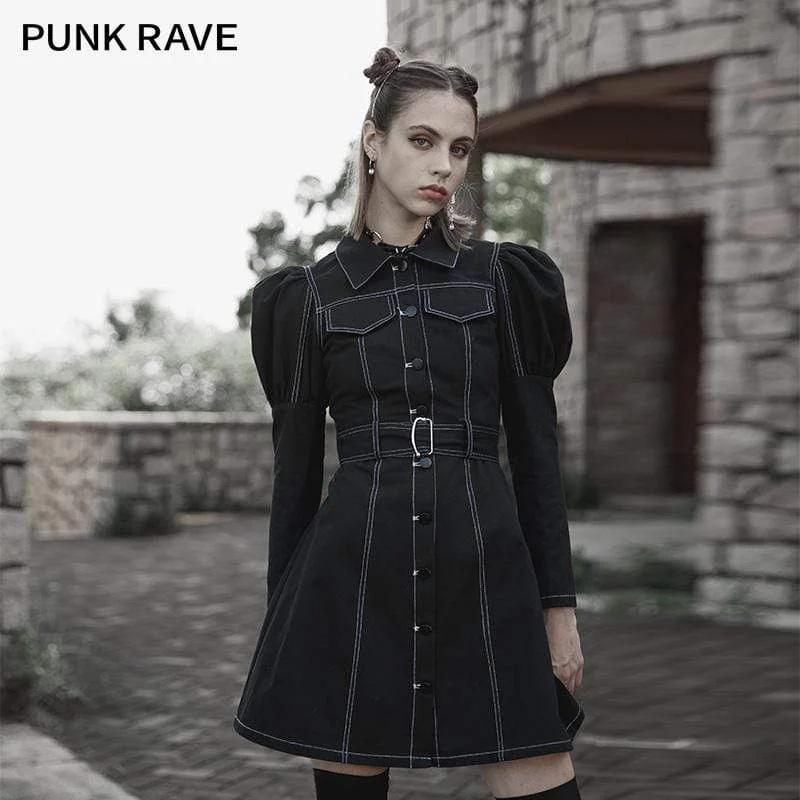 Mini Dresses for classic looks-Women's Punk Turn-down Collar Puff Sleeved Dress