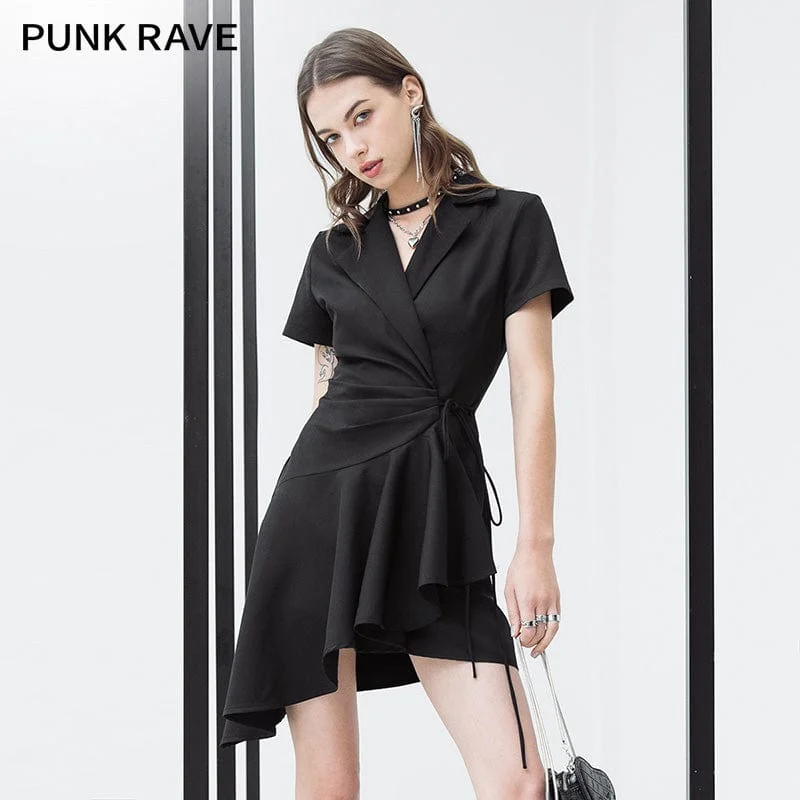 Mini Dresses with side slit-Women's Punk V-neck Lacing-up Black Little Dress