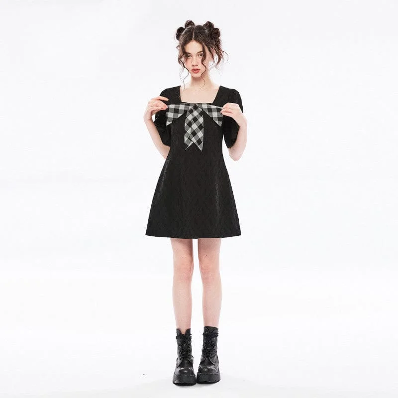 Mini Dresses with animal print-Women's Vintage Black Little Dress with Big Bowknot