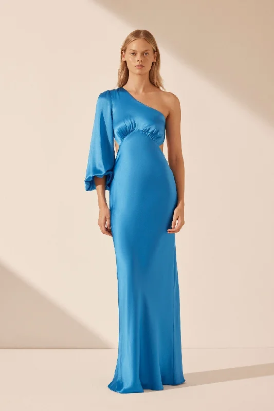 Maxi dresses for festive holiday dinners -CIEL SILK ONE SHOULDER OPEN BACK MAXI DRESS