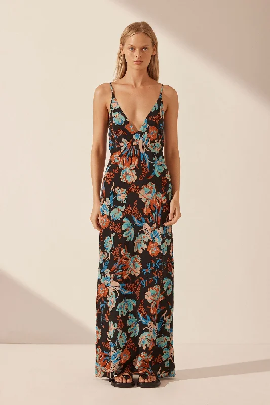 Maxi dresses for casual dinner parties -FLOTTE SILK PLUNGED SLIP MAXI DRESS