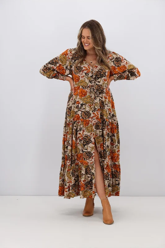 Maxi dresses for cozy family gatherings -Fria Brooke Earthy Floral Selma Maxi Dress Brown