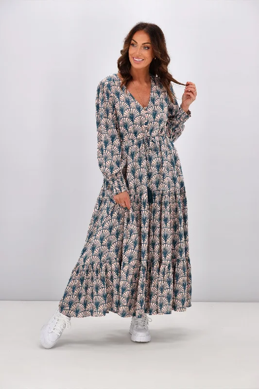 Maxi dresses for formal brunch parties -Fria Iris Akino Print Selma Maxi Dress Teal