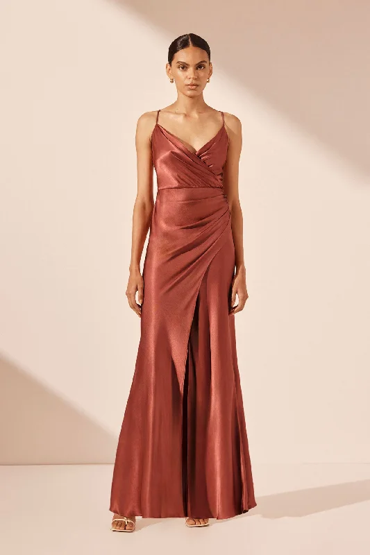 Maxi dresses with frill details -LA LUNE CROSS DRAPED MAXI DRESS - TERRACOTTA