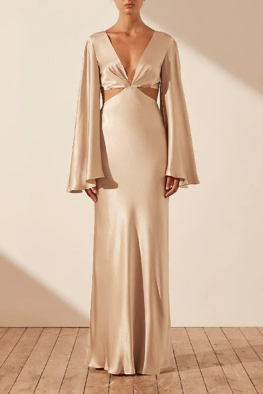 Maxi dresses with elegant crystal embellishments -LA LUNE FLARED SLEEVE OPEN BACK MAXI DRESS - GOLD