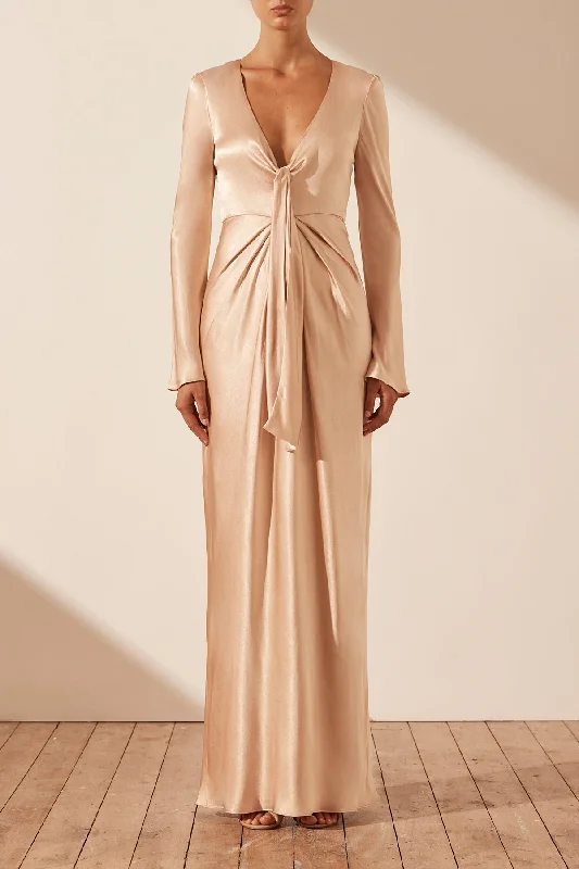 Maxi dresses with satin fabric for evening wear -LA LUNE PLUNGED TIE FRONT MAXI DRESS - DESERT ROSE