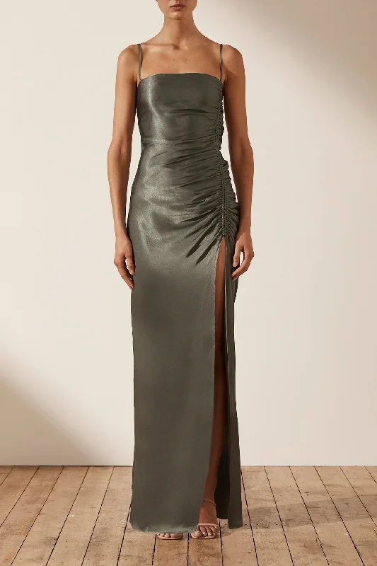 Maxi dresses with delicate tulle details -LA LUNE RUCHED MAXI DRESS - OLIVE