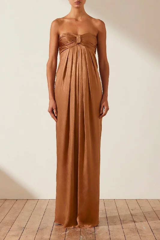 Maxi dresses for tropical beach parties -LA LUNE STRAPLESS KNOT MAXI DRESS - ALMOND