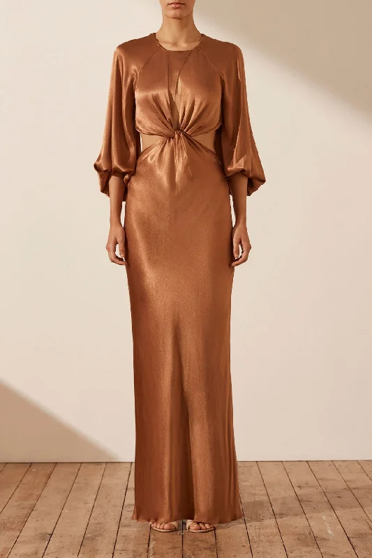 Maxi dresses for romantic sunset dinners -LA LUNE TWIST FRONT CUT OUT MAXI DRESS - ALMOND