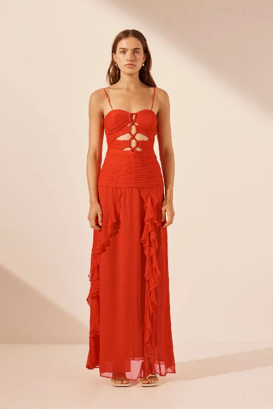 Maxi dresses with soft chiffon ruffles -MAYA RUCHED LACE UP MAXI DRESS - HIBISCUS