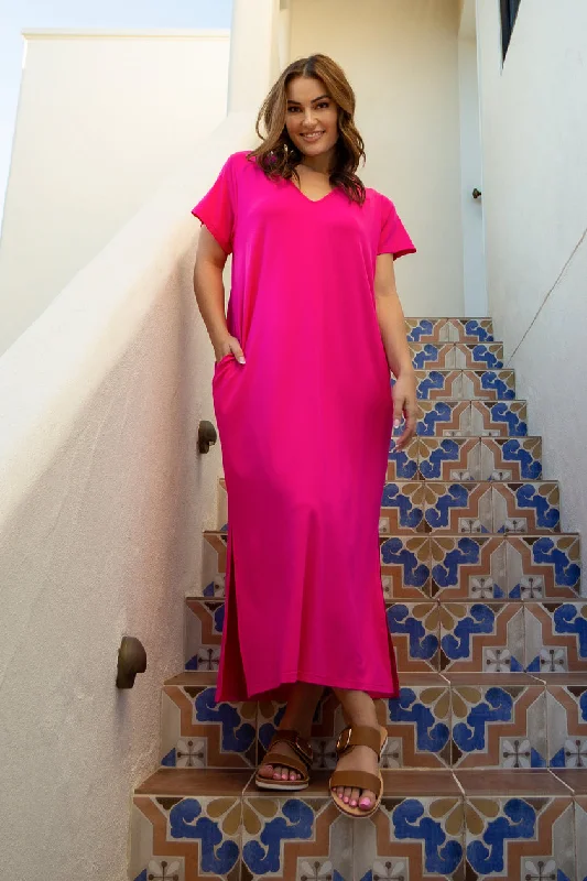 Maxi dresses with dramatic sleeves for evening wear -PQ Collection T-Shirt Maxi Dress Magenta