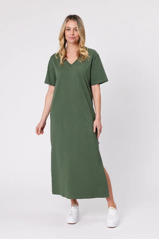 Maxi dresses for stylish evening events -Shine On Essentials Maxi Tee Dress Khaki