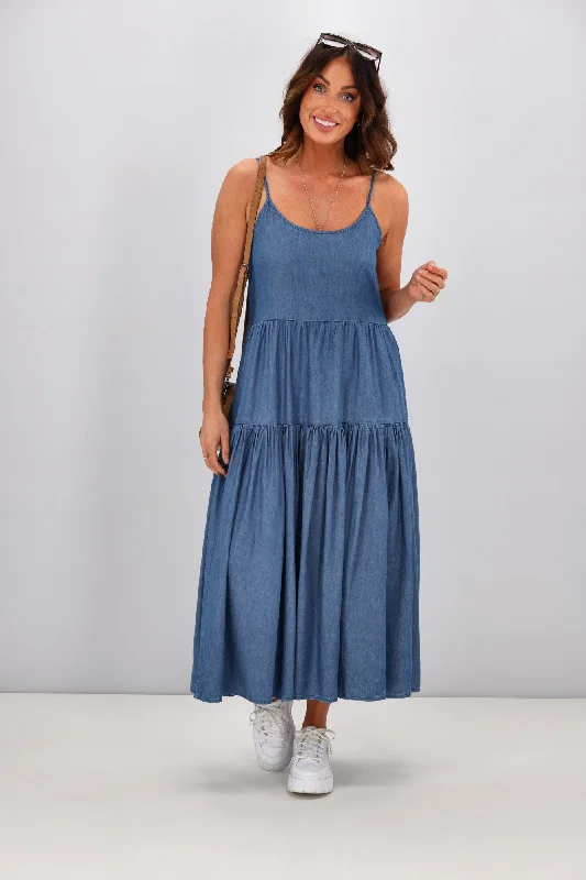 Maxi dresses for intimate birthday dinners -Shine On Label Frankie Chambray Maxi Dress Blue