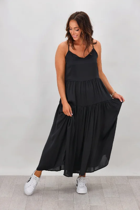 Maxi dresses with romantic lace sleeves -Shine On Label Harrie Satin Maxi Dress Black