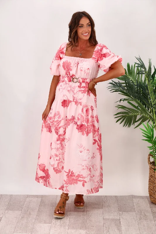 Maxi dresses for sophisticated garden tea parties -Style State Floral Maxi Dress With Belt White Pink