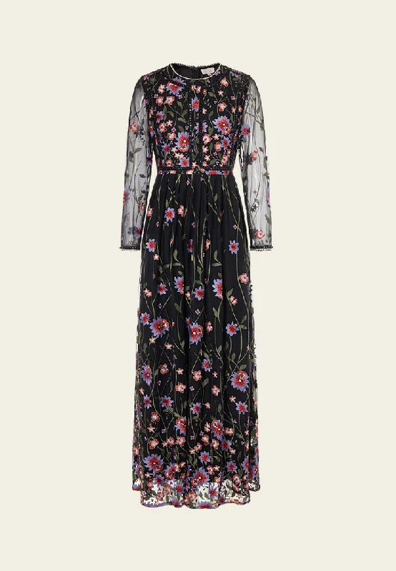 Maxi dresses for luxury dinners -Oriental Embroidered Mesh Maxi Dress