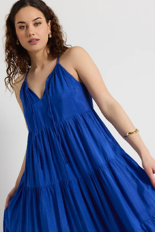 Maxi dresses with lace-up back design for evening wear -Affair Royal Blue Strappy Tiered Maxi Dress