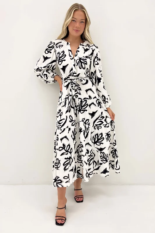 Maxi dresses with fitted bodice -Alannah Maxi Dress White Black Leaf