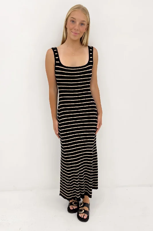 Maxi dresses with romantic floral accents -Alora Knit Maxi Dress Black Tan Stripe