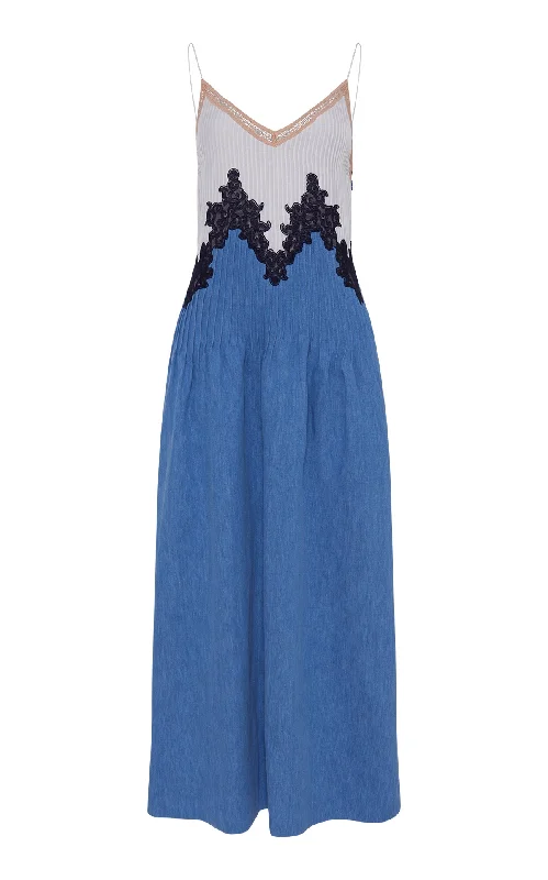 Maxi dresses for sophisticated family celebrations -Althea Lace Slip Maxi Dress in Light Blue Recycled Cotton Linen Denim