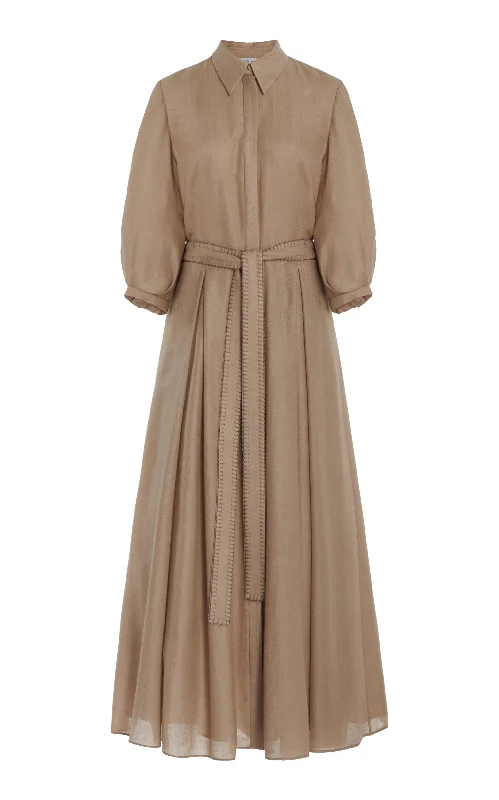 Maxi dresses for fashionable beach outings -Andy Pleated Maxi Shirtdress in Khaki Virgin Wool Cashmere