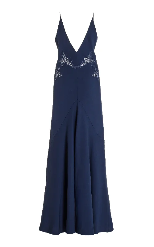 Maxi dresses with geometric patterns -Apuleius Lace Slip Maxi Dress in Navy Silk Crepe