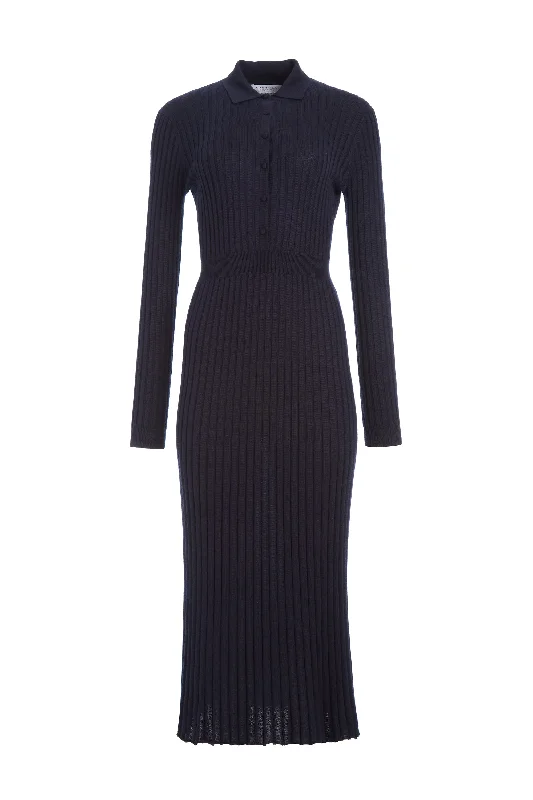 Maxi dresses with puff sleeves -Ardor Knit Maxi Dress in Navy Cashmere Silk