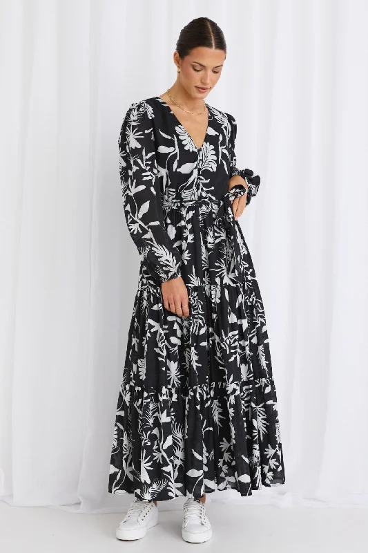 Maxi dresses for tropical beach parties -Aria Black & White LS V Neck Tiered Maxi Dress