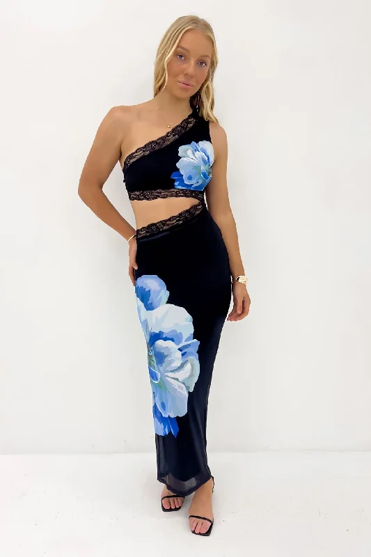 Maxi dresses with a beautiful silk satin finish -Ashlyn Maxi Dress Black Blue