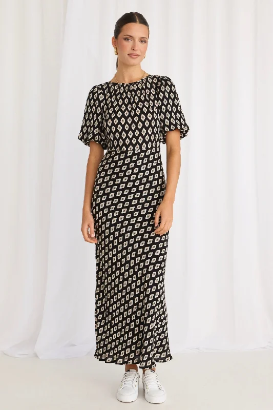 Maxi dresses for an elegant evening gala -Astrid Geo Spot Puff Sleeve Bias Maxi Dress