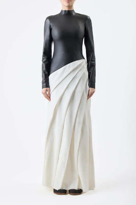 Maxi dresses for intimate dinner parties -Aulay Pleated Maxi Dress in Black Nappa Leather & Ivory Cashmere Wool