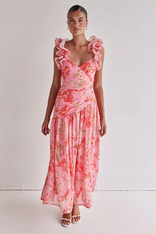 Maxi dresses with deep V-neck and side slit -Aurelia Maxi Dress (Pink)