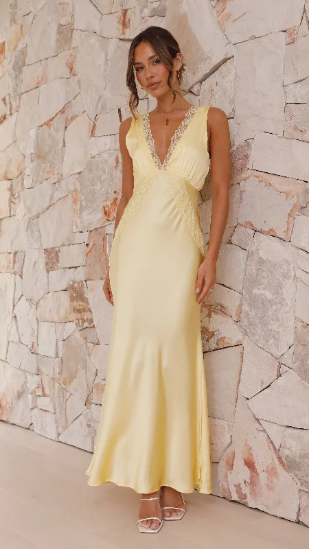 Maxi dresses with pleated detailing -Basiano Maxi Dress - Yellow / Lace