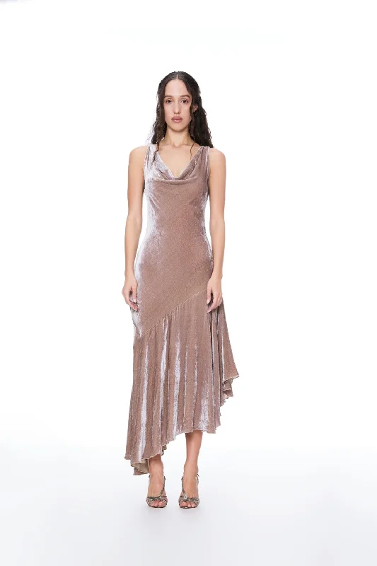 Maxi dresses with luxurious velvet accents -BLUSH DRAPED VELVET MAXI DRESS