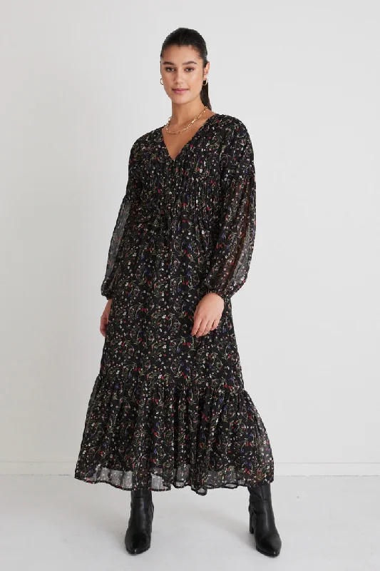 Maxi dresses with empire waist and flowy skirt -Chelsea Black Garden Ls Button Front Waisted Maxi Dress