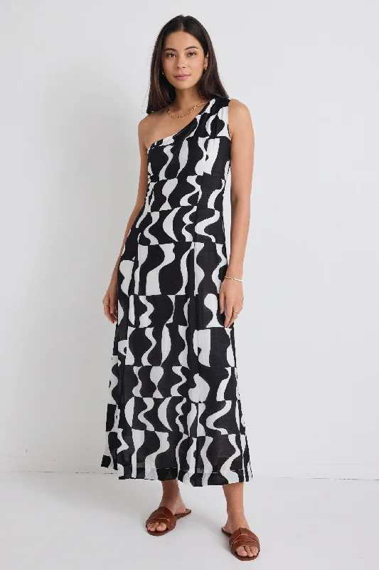 Maxi dresses for a luxurious spring dinner -Conscious Black Wave Print One Shoulder Maxi Dress