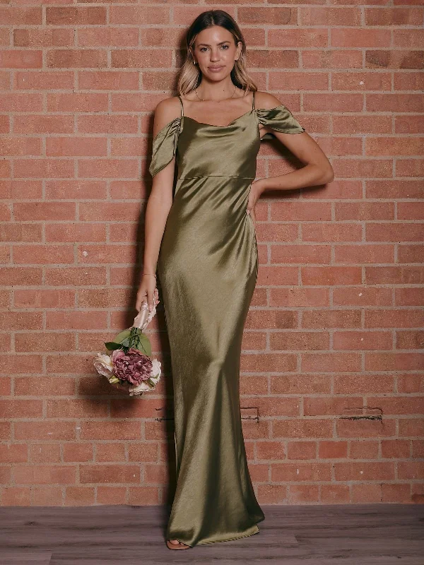 Maxi dresses for summer holidays -Cowl Neck Maxi Satin Bridesmaid Dress / Olive Green