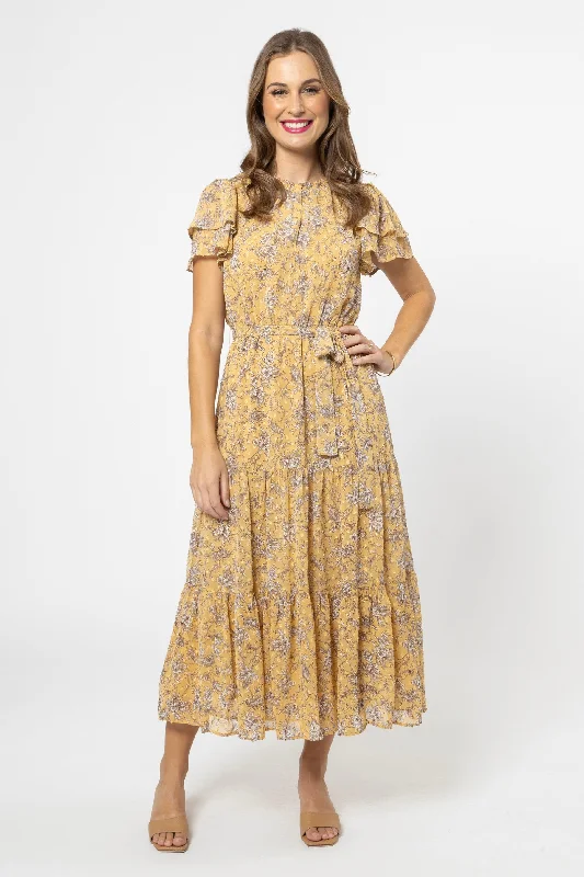 Maxi dresses for night outs -Cruise Gold Garden Floral Tiered Maxi Dress