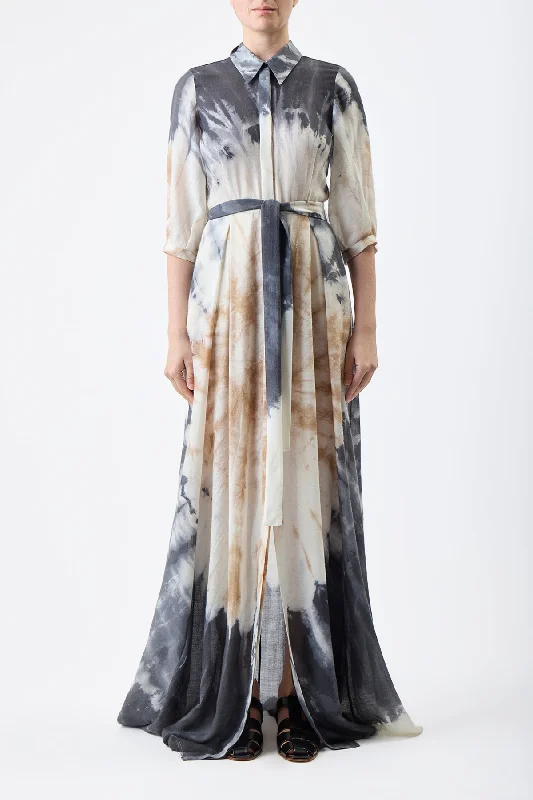 Maxi dresses with romantic floral embroidery -Daisy Pleated Maxi Shirtdress in Camel Multi Tie Dye Cashmere Silk Gauze