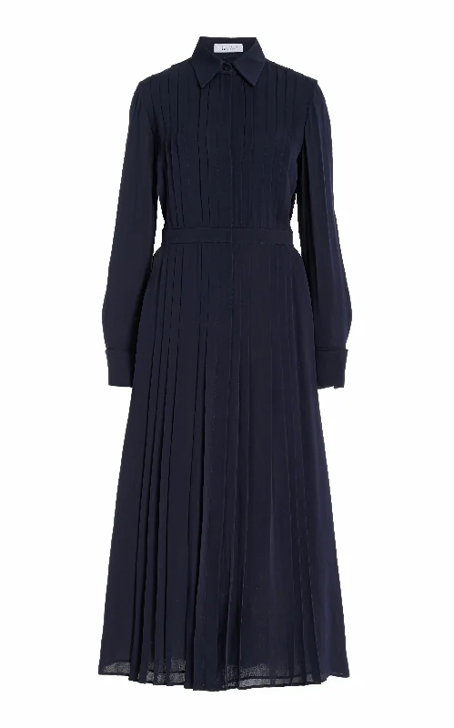 Maxi dresses with backless design -Delphine Maxi Shirtdress in Dark Navy Silk Georgette Twill