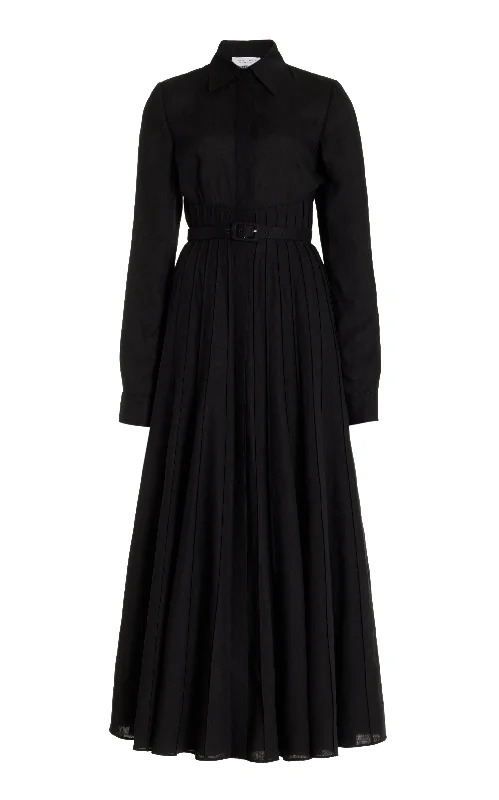 Maxi dresses with chiffon overlay design -Dewi Pleated Maxi Shirtdress in Black Aloe Linen