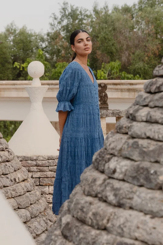 Maxi dresses for formal destination events -Dreamy Steel Blue Bubble SS Button Front Tiered Maxi Dress