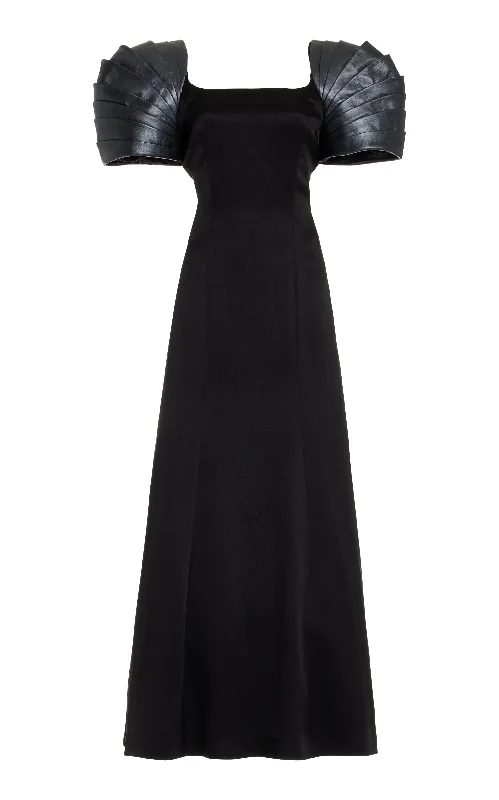 Maxi dresses for luxury family gatherings -Duchess Maxi Dress in Black Silk Satin with Metallic Nappa Leather Shoulders