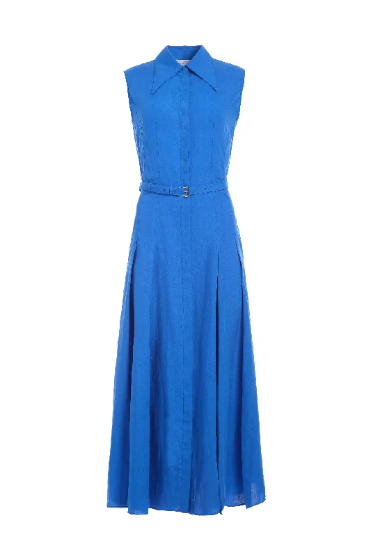 Maxi dresses for stylish evening events -Durand Pleated Maxi Shirtdress in Sapphire Aloe Linen