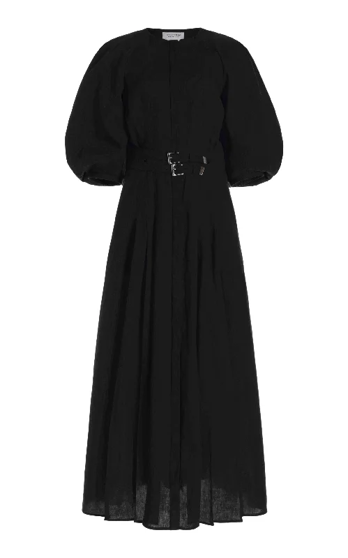 Maxi dresses for evening family gatherings -Elea Pleated Maxi Dress in Black Aloe Linen