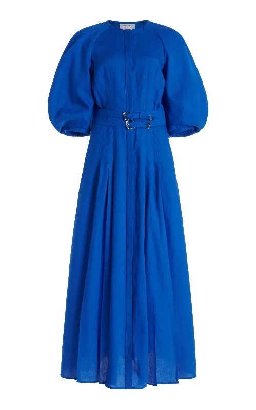 Maxi dresses with asymmetric hemline -Elea Pleated Maxi Dress in Sapphire Aloe Linen